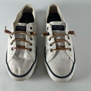 Sperry White Canvas Boat Shoes with Tan Leather Laces and Navy Label